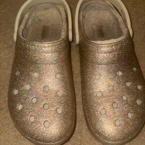 Crocs Classic Gold Glitter Lined Womens Slip On Clog Shoes  -Size 12 Pre Owned